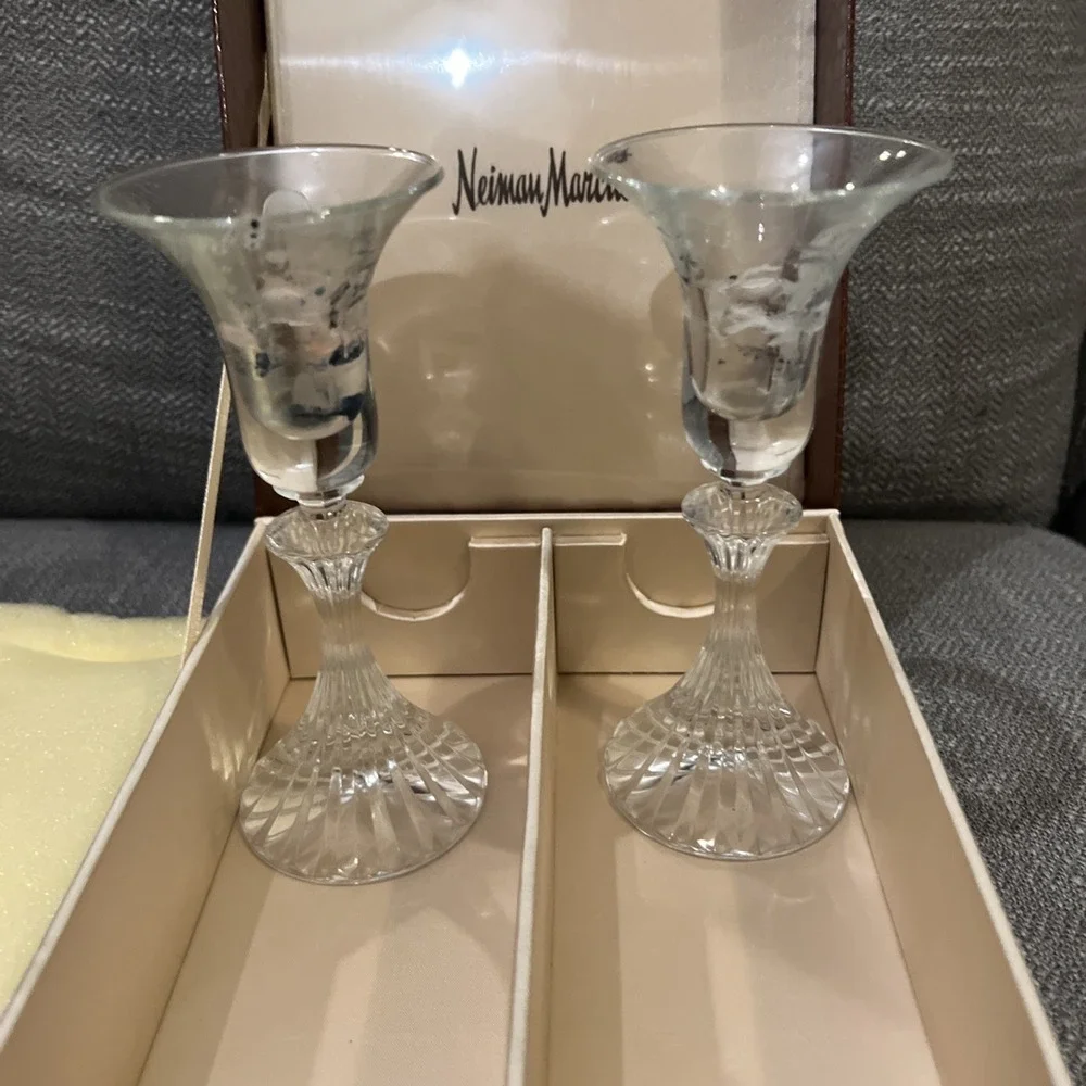 Pair of Neiman Marcus Crystal Candlesticks Preowned With Case